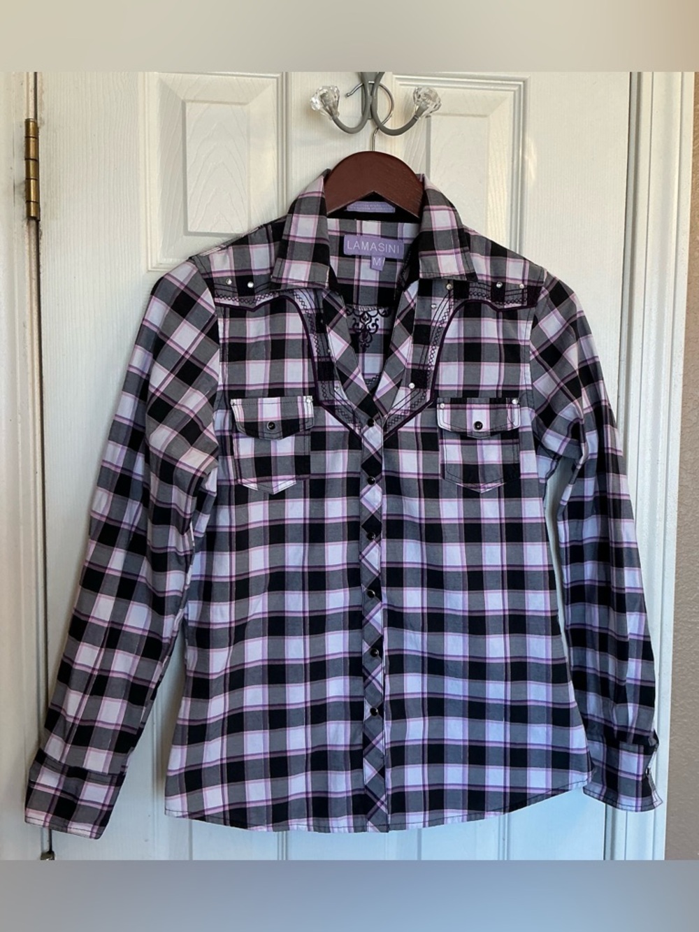 LAMASINI Women’s Black & Pink Plaid Button-Up Shirt Cowgirl Wear Size Medium